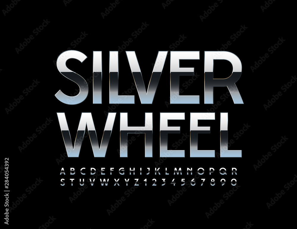 Vector modern emblem Silver Wheel with Metallic Font. Chrome Alphabet Letters, Numbers and Symbols. Vector modern emblem Silver Wheel with Metallic Font. Chrome Alphabet Letters, Numbers and Symbols.