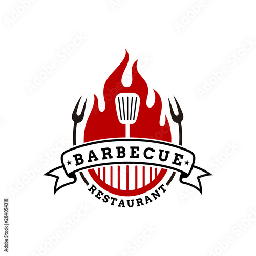 vintage grilled barbecue logo, retro BBQ vector, fire grill food and restaurant icon