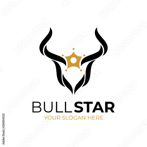 bull head with star logo, flat style, modern design, simple cow/buffalo animal icon vector illustration