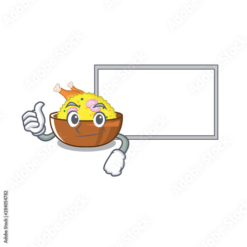 Thumbs up with board biryani chicken above the cartoon plate