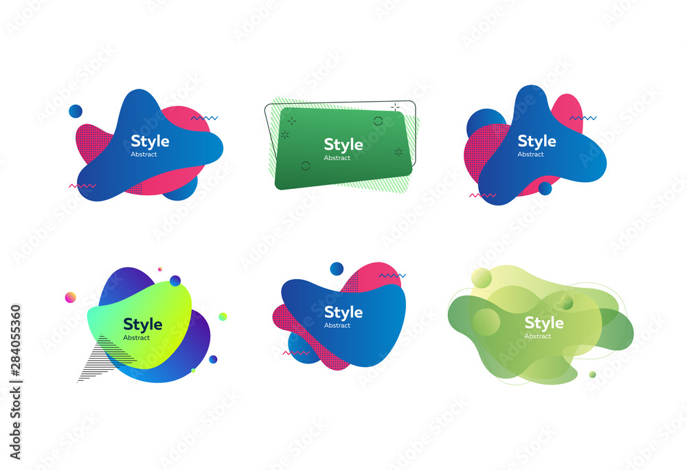 Creative multicolored abstract elements set. Dynamical liquid shapes with sample text. Trendy minimal templates for presentations, banners, flyers and web pages. Vector illustration