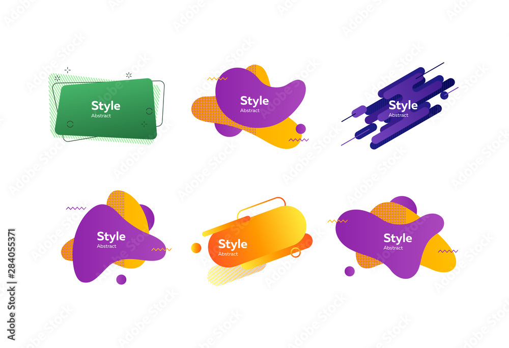 Dynamic geometric badges set. Colorful modern figures and lines with sample text. Trendy minimal templates for presentations, flyers, apps and websites. Vector illustration Dynamic geometric badges set. Colorful modern figures and lines with sample text. Trendy minimal templates for presentations, flyers, apps and websites. Vector illustration