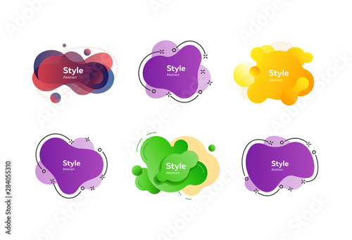 Colorful abstract strokes set. Modern liquid shapes and lines with sample text. Trendy minimal templates for presentations, flyers, apps and websites. Vector illustration