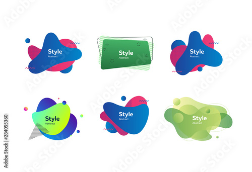 Creative multicolored abstract elements set. Dynamical liquid shapes with sample text. Trendy minimal templates for presentations, banners, flyers and web pages. Vector illustration