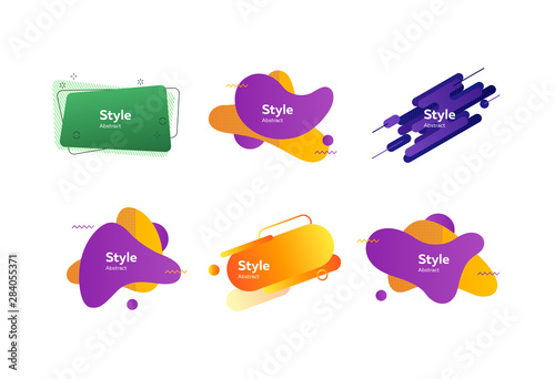 Dynamic geometric badges set. Colorful modern figures and lines with sample text. Trendy minimal templates for presentations, flyers, apps and websites. Vector illustration