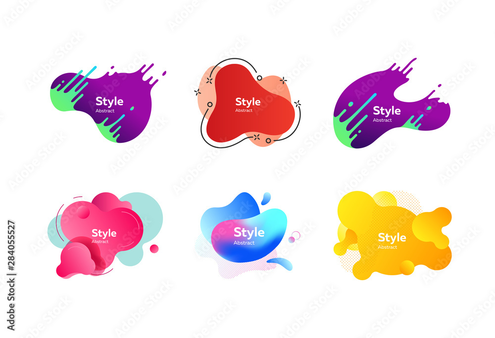 Neon liquid abstract elements set. Colorful dynamic shapes with sample text. Trendy minimal templates for presentations, banners, flyers and logos. Vector illustration Neon liquid abstract elements set. Colorful dynamic shapes with sample text. Trendy minimal templates for presentations, banners, flyers and logos. Vector illustration