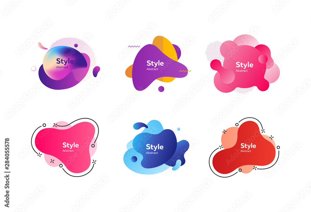 Set of abstract graphic elements with liquid shapes. Creative art background. Dynamic effect. Futuristic technology style. Motion