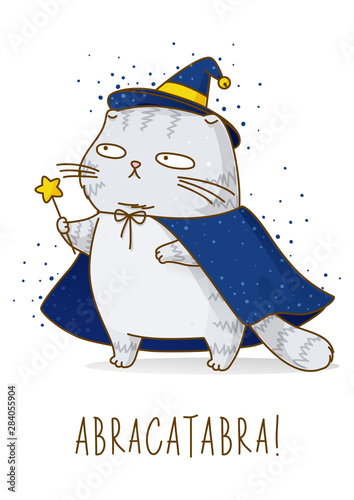 Cute scottish fold gray cat with magic wand, witch hat and cloak isolated on white - character for halloween design