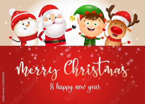 Merry Christmas banner design with happy characters on red background. Lettering can be used for invitations, signs, announcements
