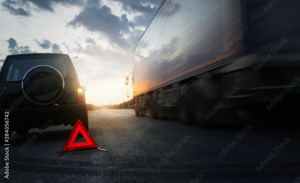 Red emergency stop sign (red triangle warning sign) and broken black ...
