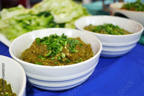 hot and spicy with chilli souce , northern thai style food and Blanched vegetables.selective focus.