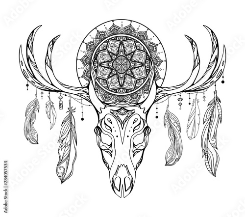 Ethnic illustration of a deer skull with a tracery dream catcher and feathers. Mystic Totem. Black and white vector picture for tattoo sketches, printing on t-shirts, cups and your design.
