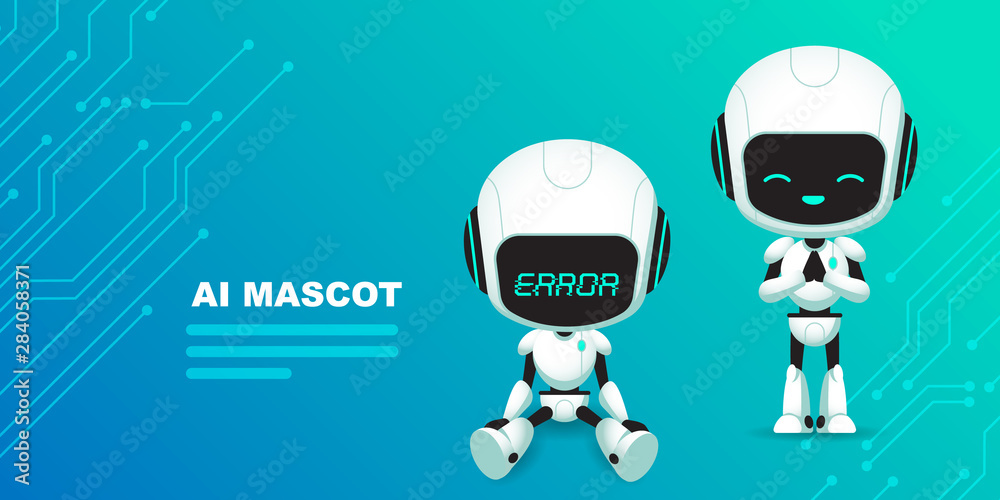 Set of cute robot ai character with circuits background - obrazy, fototapety, plakaty 