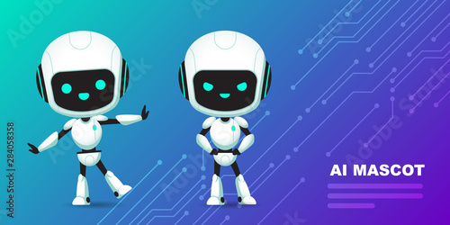 Set of cute robot ai character with circuits background