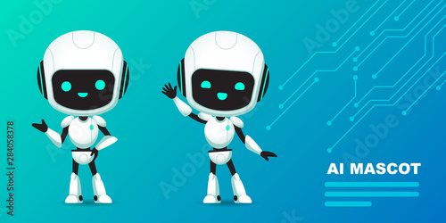 Set of cute robot ai character with circuits background photo