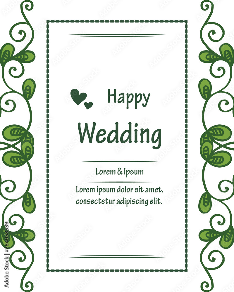 Happy wedding lettering, decoration of greeting card, invitation card, with branches of leaves, elegant flower frame. Vector