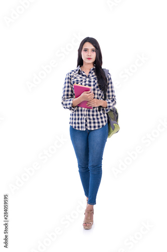 young asian student with school bag on isolated background