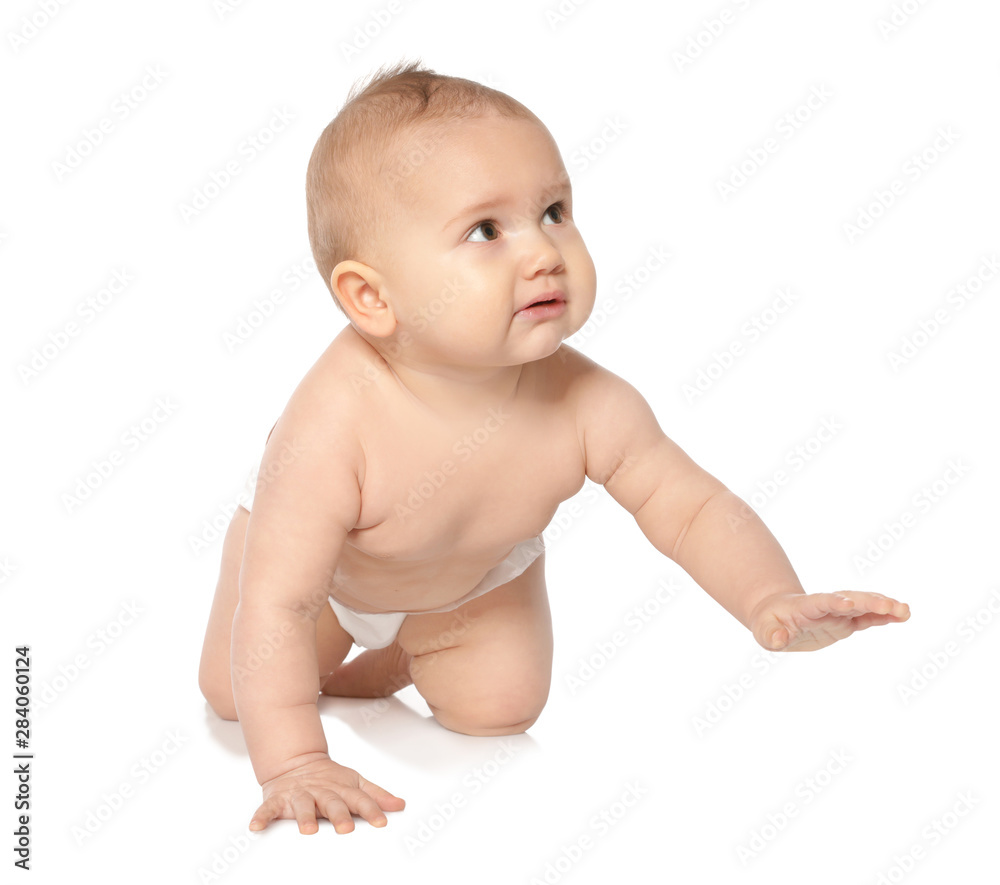 Cute little baby crawling on white background Cute little baby crawling on white background
