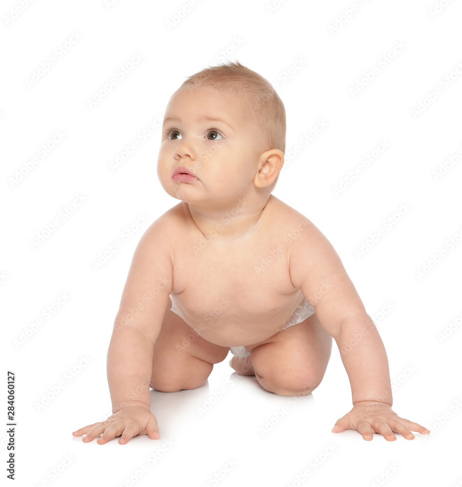 Cute little baby crawling on white background Cute little baby crawling on white background