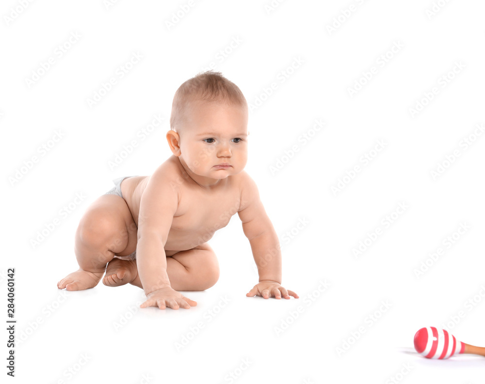 Cute little baby crawling on white background Cute little baby crawling on white background