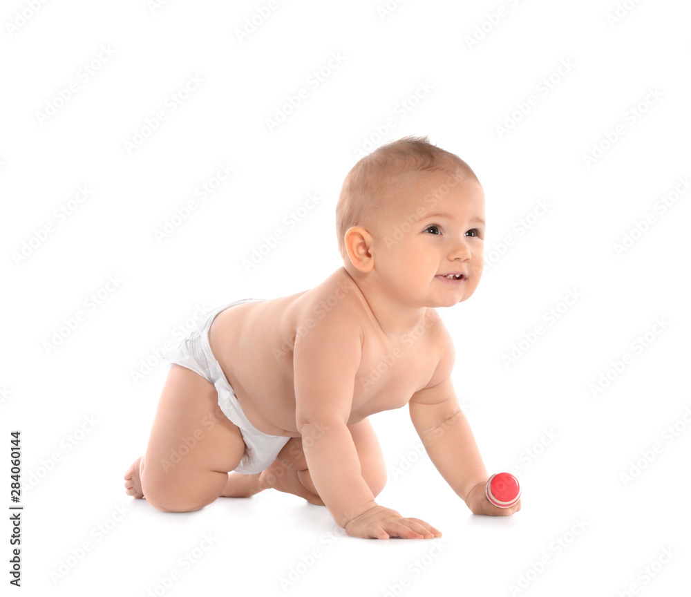 Cute little baby crawling on white background Cute little baby crawling on white background
