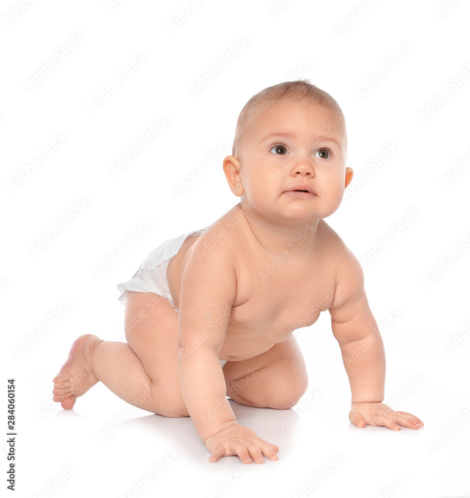 Cute little baby crawling on white background Cute little baby crawling on white background