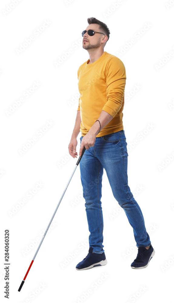 Blind man in dark glasses with walking cane on white background Photos |  Adobe Stock