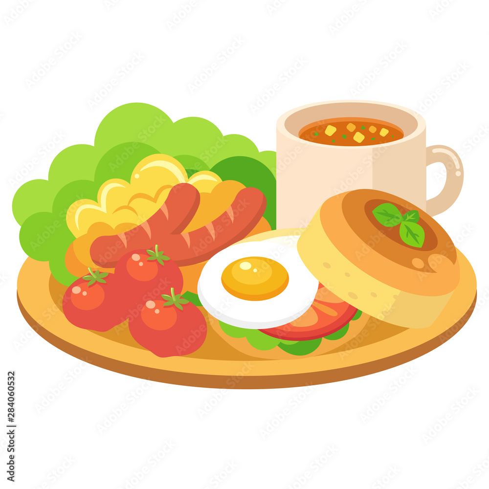 モーニングプレート サラダ スクランブルエッグ ウインナー トマト 卵 パンの朝食セット のイラスト Vector De Stock Adobe Stock