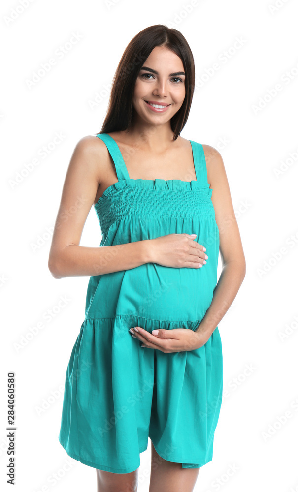 Happy pregnant woman holding her belly on white background Happy pregnant woman holding her belly on white background