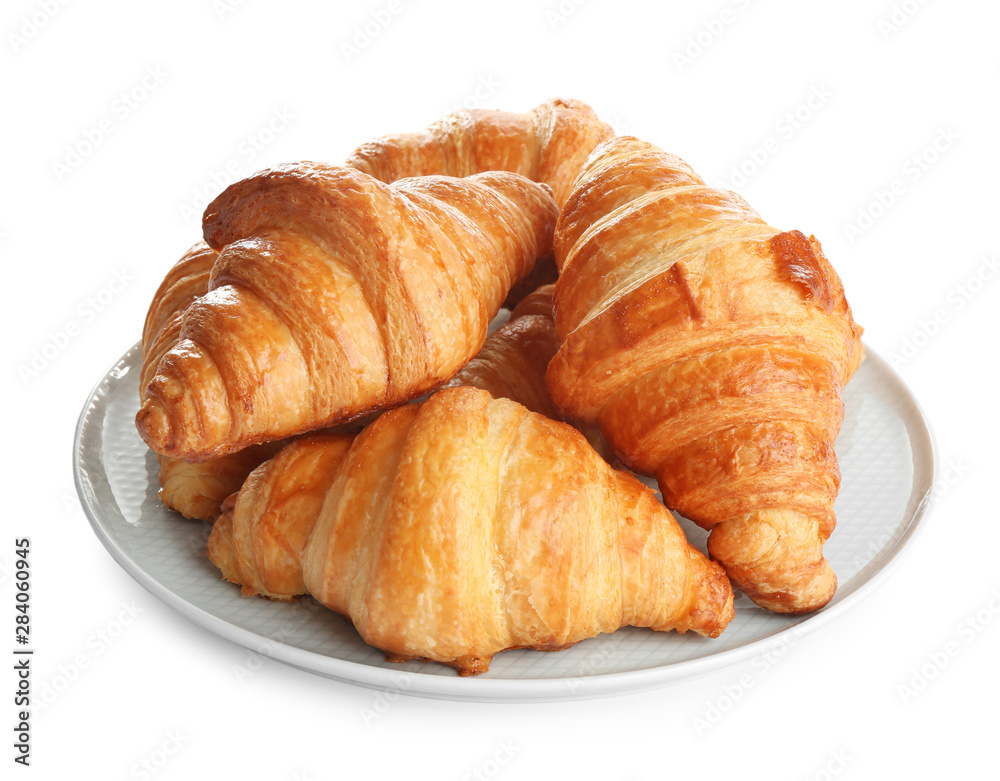 Plate with tasty croissants on white background. French pastry Plate with tasty croissants on white background. French pastry