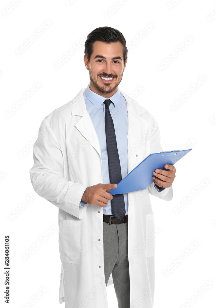 Young male doctor with clipboard on white background. Medical service Young male doctor with clipboard on white background. Medical service
