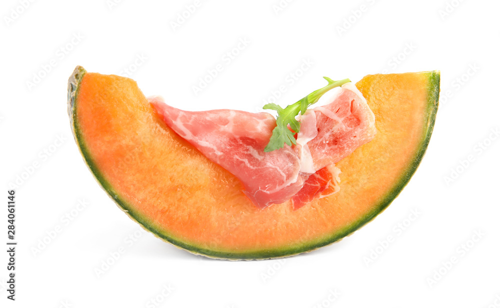 Slice of fresh melon with prosciutto and arugula on white background Slice of fresh melon with prosciutto and arugula on white background