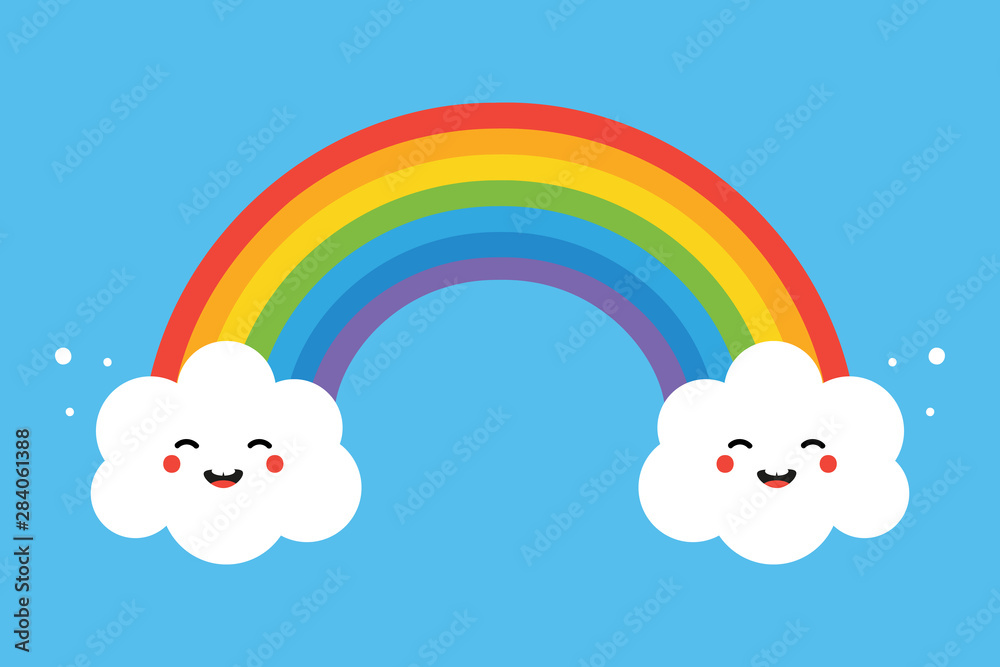 Cute and colorful cartoon vector illustration of rainbow and two happy  cloud characters for kids, children print design. Stock Vector | Adobe Stock