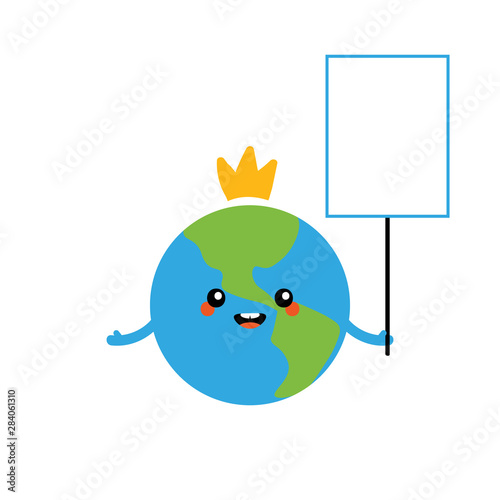 Cute earth planet character holding empty, blank board, banner in hand.