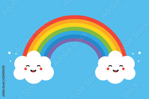 Cute and colorful cartoon vector illustration of rainbow and two happy cloud characters for kids, children print design.
