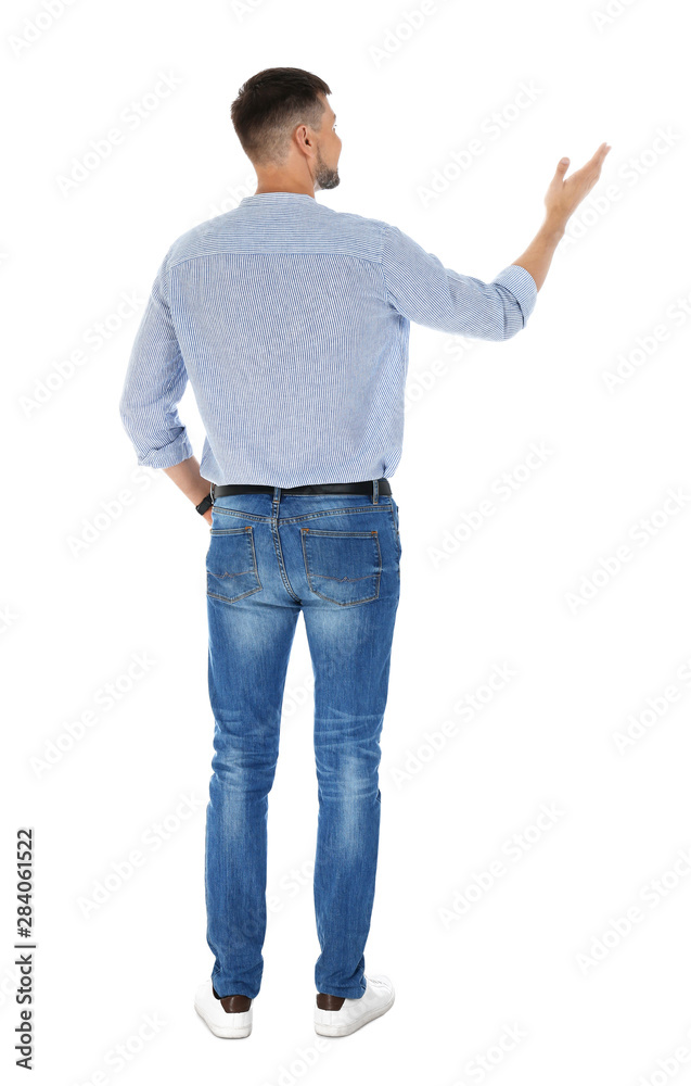 Professional business trainer showing at something on white background Professional business trainer showing at something on white background