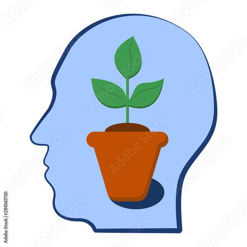 Head with a plant inside. Selfdevelopment, potential, motivation and aspiration, mental health, positive thinking, awareness and meditation concept, respect