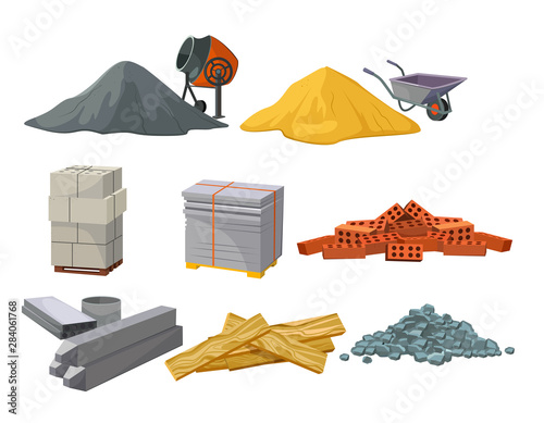 Building material heaps set. Bricks, sand, wooden planks, concrete mixer. Construction concept. Vector illustrations can be used for construction sites, works, industry
