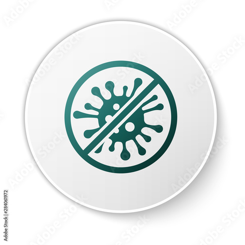 Green Stop virus, bacteria, germs and microbe icon isolated on white background. Antibacterial and antiviral defence, protection infection. White circle button. Vector Illustration