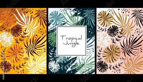 Tropical jungle pattern, handdrawn watercolor vector illustration. Leaves print. Summer design. Creative background. Design for notebook, banner, cover, wallpaper, fabric. Summer sale or text area
