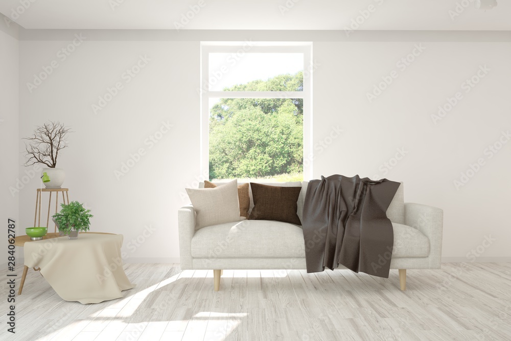 Stylish room in white color with sofa and summer landscape in window. Scandinavian interior design. 3D illustration Stylish room in white color with sofa and summer landscape in window. Scandinavian interior design. 3D illustration
