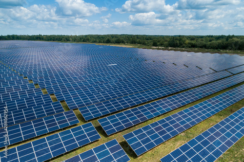Aerial top view of a solar pannels power plant