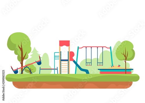 Kids playground with playing equipment in park. Outdoor public city kindergarten isolated on white background. Vector