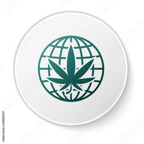Green Legalize marijuana or cannabis globe symbol icon isolated on white background. Hemp symbol. White circle button. Vector Illustration