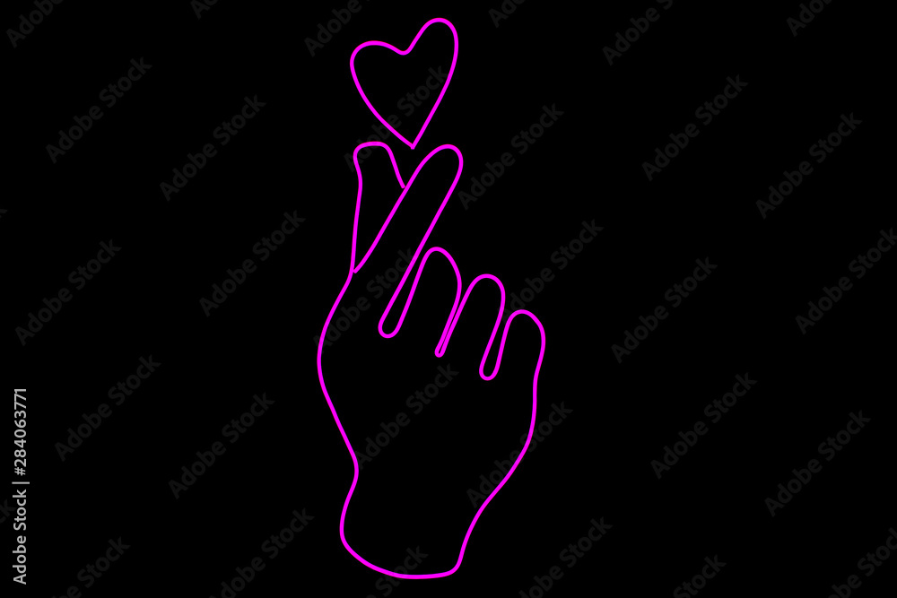 Obraz premium Glowing neon sign of a the fingers make a heart isolated on a black background. Korean style. Neon concept. Modern style. Neon sign.
