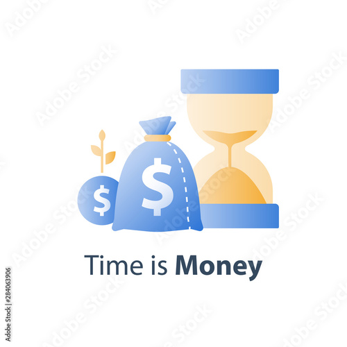 Long term investment strategy, pension savings fund, hourglass and bag, time is money concept, capital growth, asset allocation