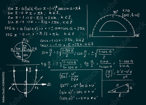 Vintage education and scientific background. Math law theory and mathematical formulas, equations and schemes on school board. Vector hand-drawn illustration.