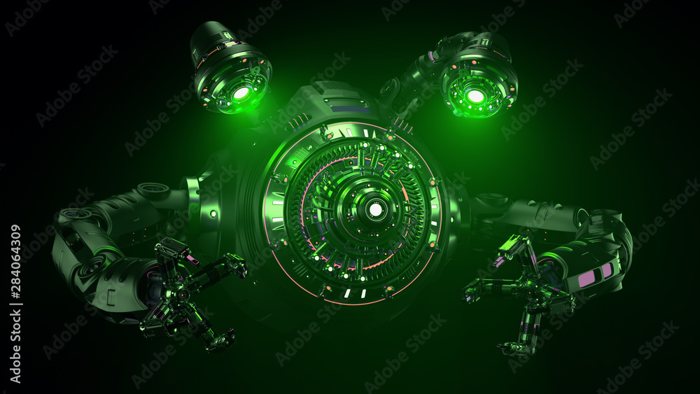 futuristic alien ship with big mechanical claws and volumetric lights or unknown space machine preparing an invasion. Isolated on black background. 3D illustration 