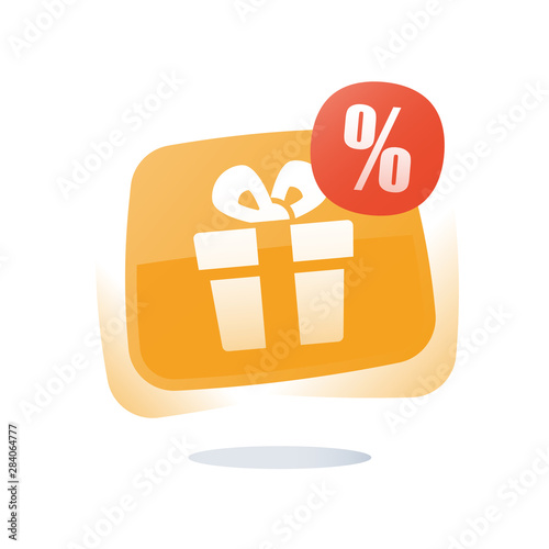Free gift box button, delight present, special offer, give away package, loyalty program reward, discount coupon