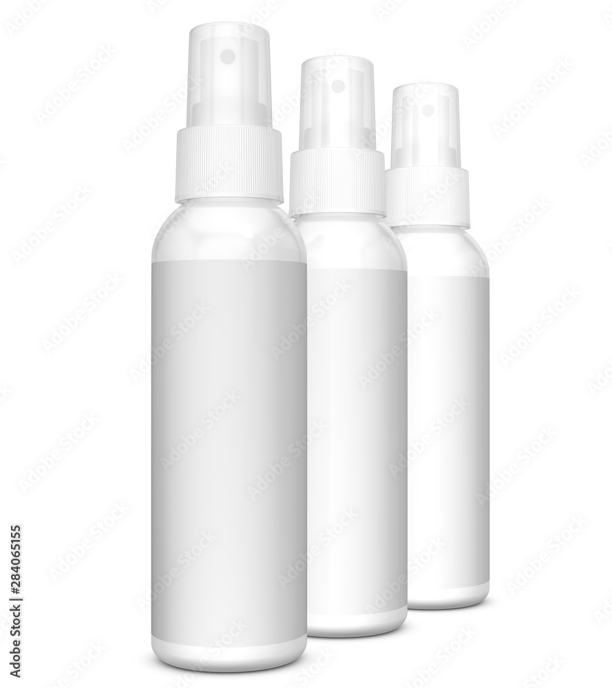 Realistic 3D spray bottles rendering mockup on white background.3D Rendering Realistic 3D spray bottles rendering mockup on white background.3D Rendering